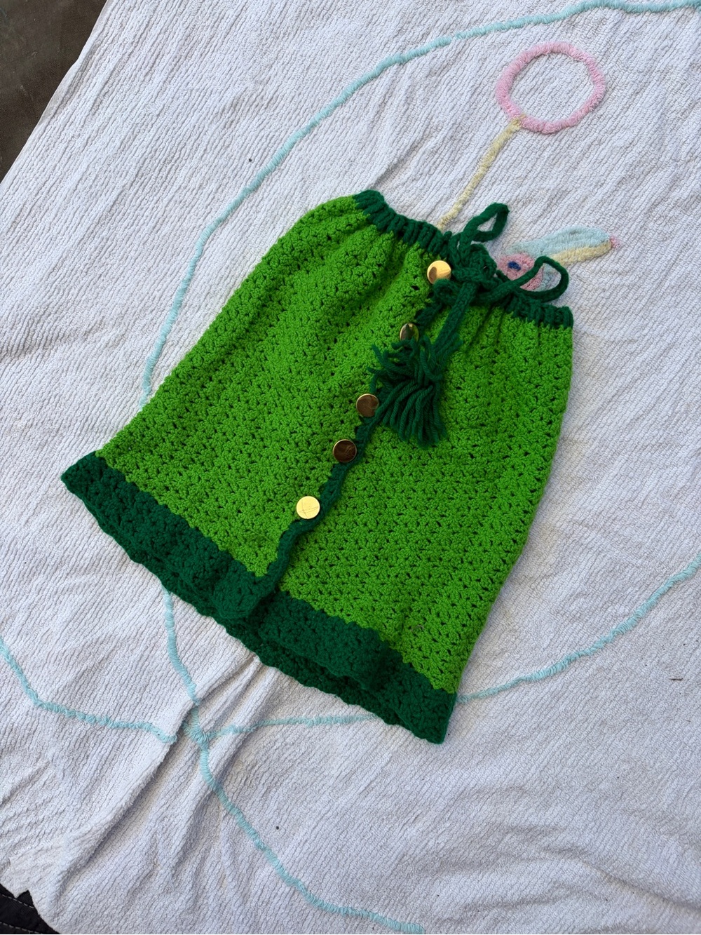 60s 70s Handmade Green Crochet Skirt with Tassel Tie